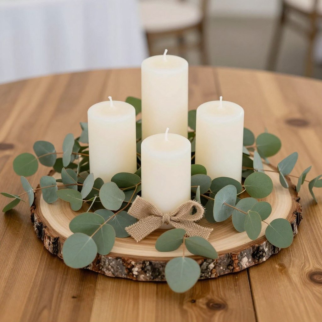 Rustic wedding centerpiece on wood slice with candles and greenery