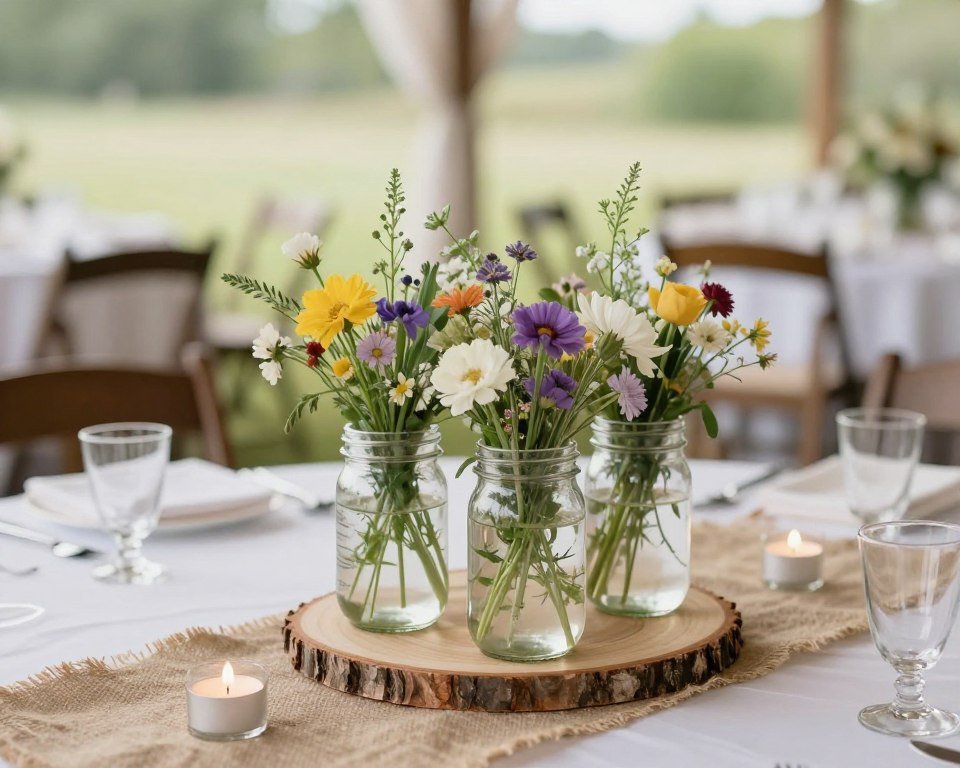 Rustic wedding centerpiece with mason jars and wildflowers