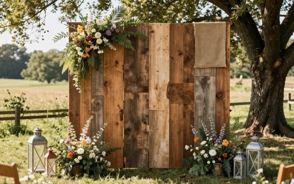 Rustic wedding ceremony backdrop with wooden elements and wildflowers