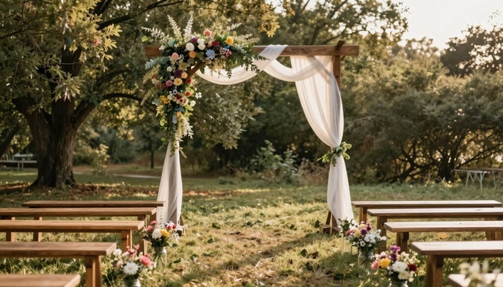 Rustic wedding ceremony setup with wooden arch decorated with wildflowers and greenery