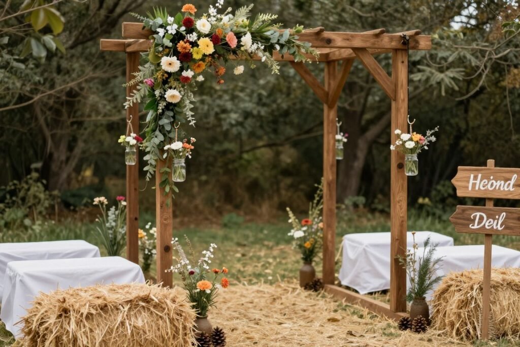 Rustic wedding ceremony with wooden arch and wildflowers