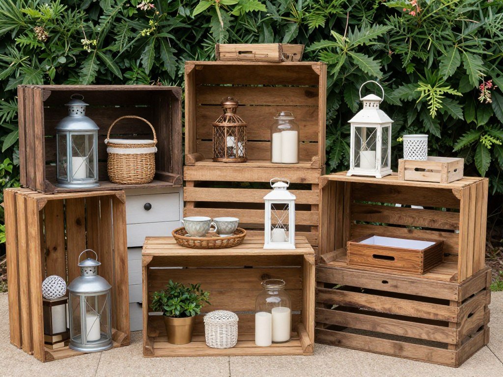 Rustic wedding decor rental items including wooden elements and vintage pieces