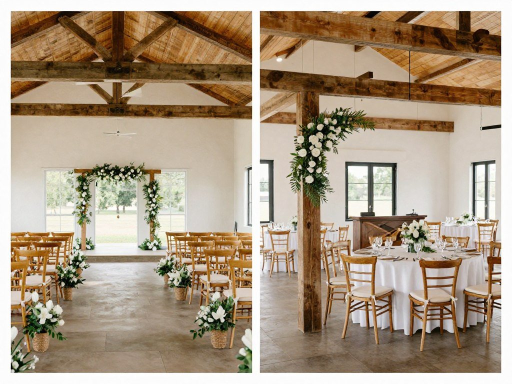 Rustic wedding decor transitioning from ceremony to reception spaces