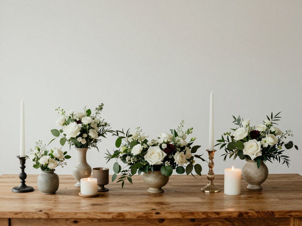 Rustic wedding decor with varying heights and visual interest