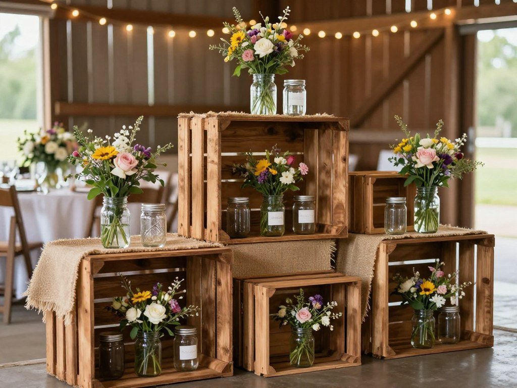 Rustic wedding decorations with wooden elements, mason jars, and wildflowers