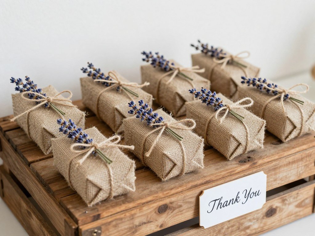 Rustic wedding favor display with small gifts in burlap wrapping