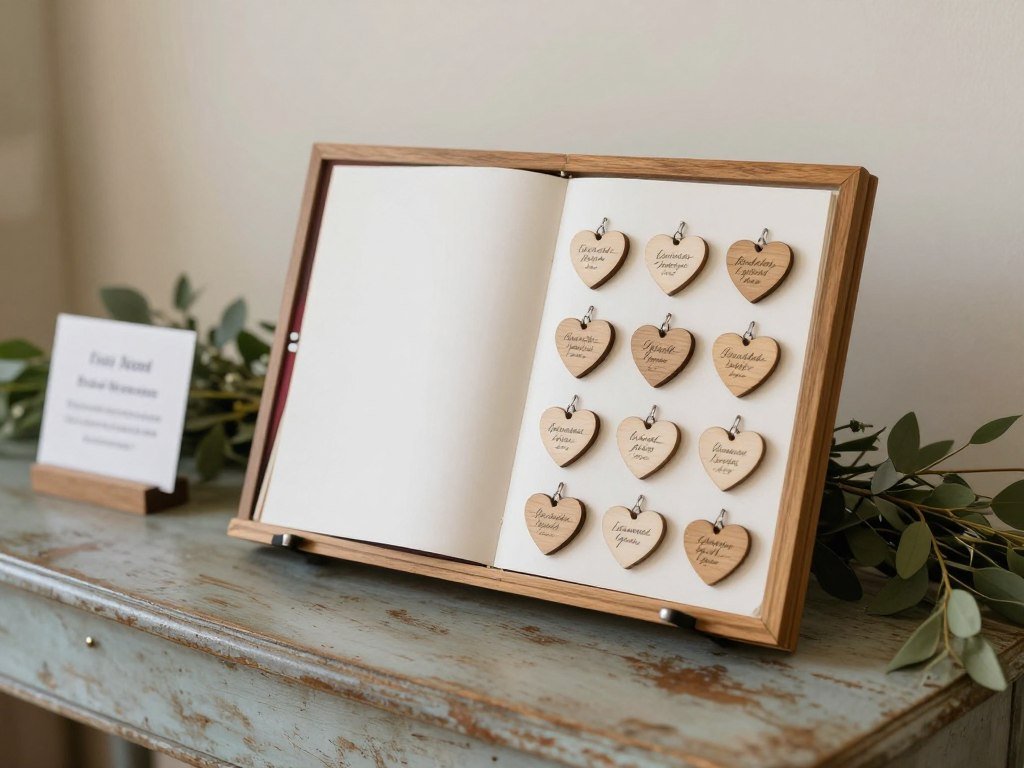 Rustic wedding guest book alternative with wooden elements