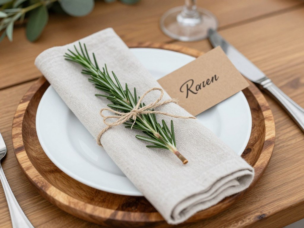 Rustic wedding place setting with wooden charger, linen napkin, and herb sprig