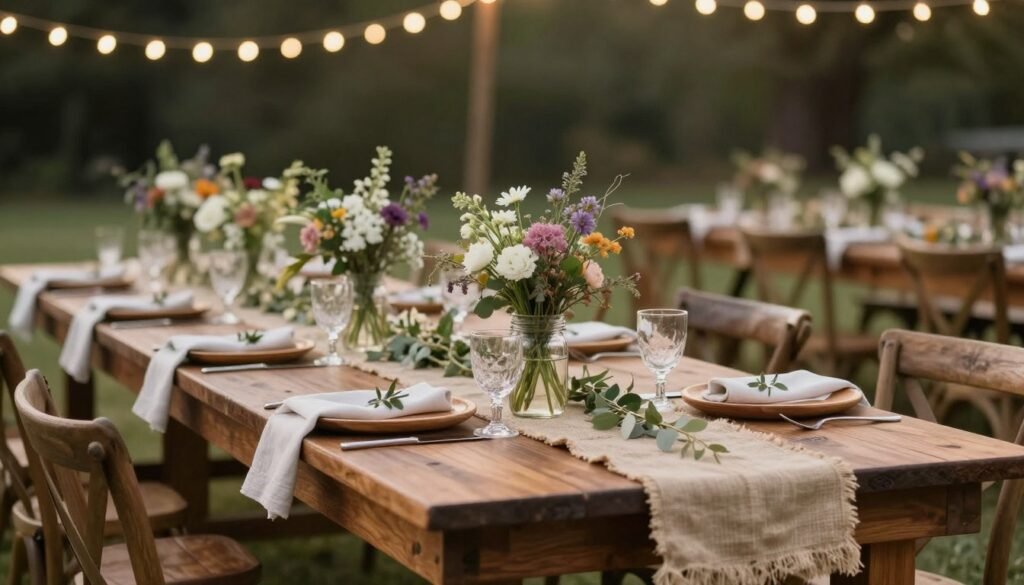 Rustic wedding reception table with wooden elements, mason jars, and wildflowers