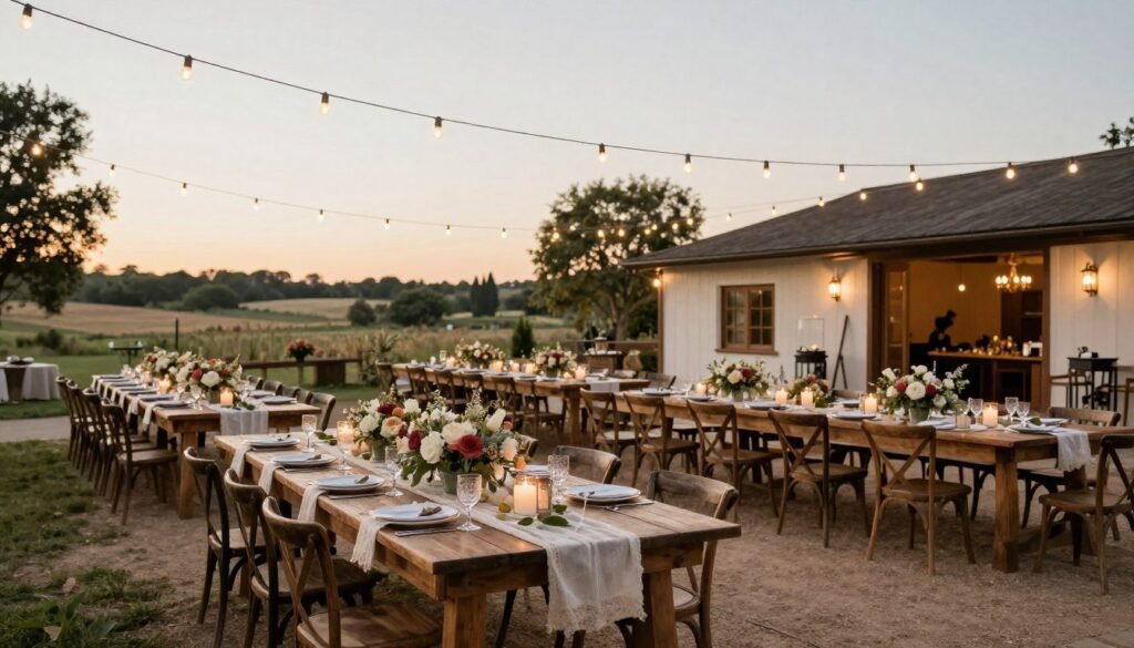 Rustic wedding reception with all elements coming together in a cohesive design