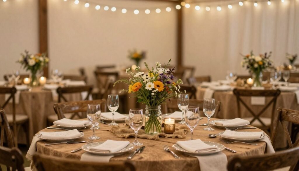 Rustic wedding reception with wooden elements, mason jars, and wildflowers