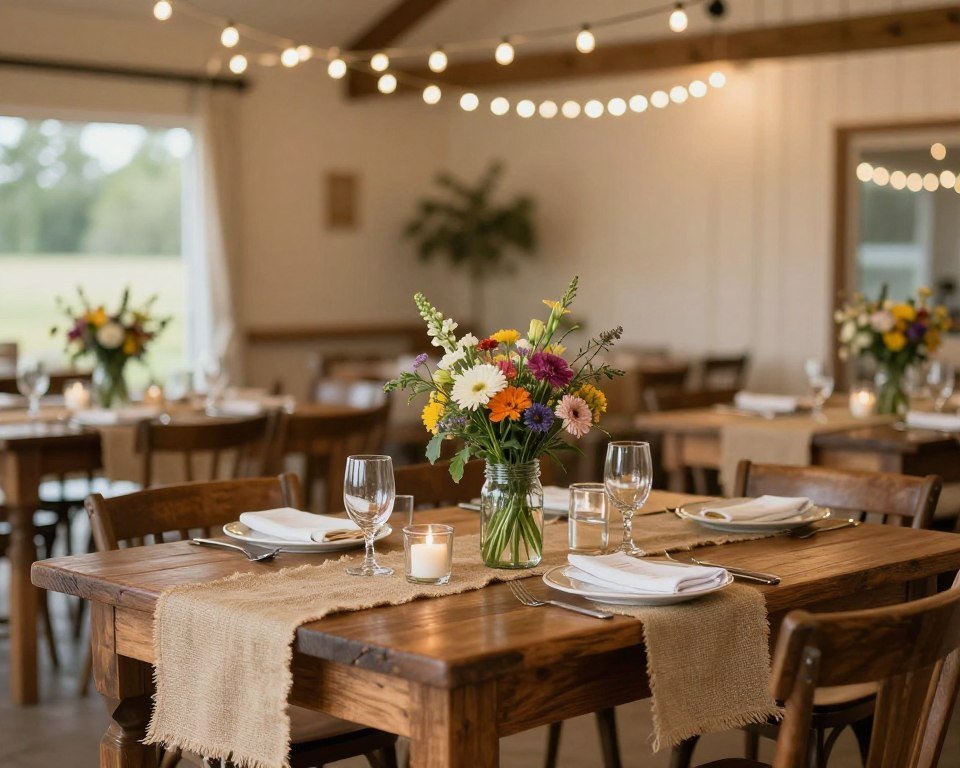 Rustic wedding reception with wooden tables, burlap runners, and mason jar centerpieces with wildflowers