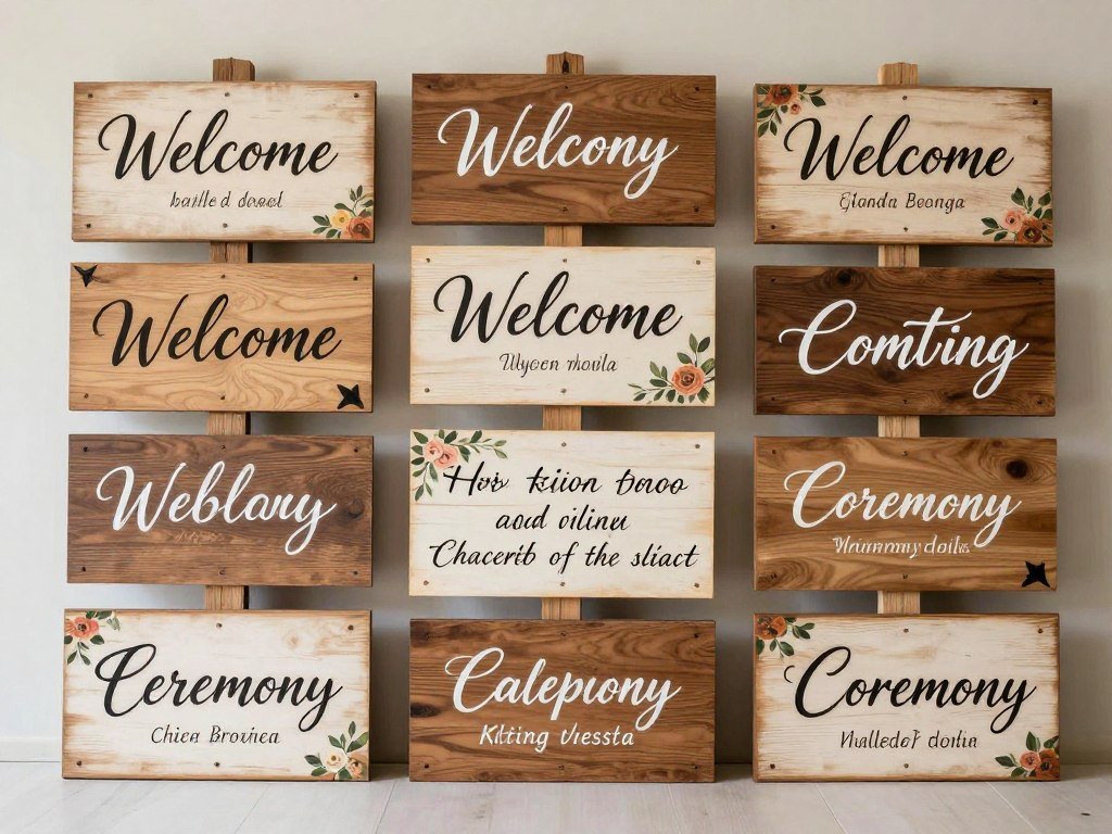 Rustic wedding signage made from wood with handwritten calligraphy