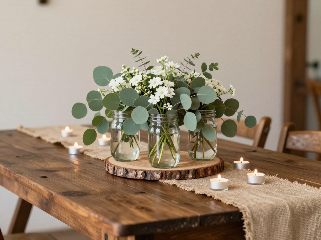 Rustic wedding table centerpiece with wooden elements, greenery, and small white flowers in mason jars