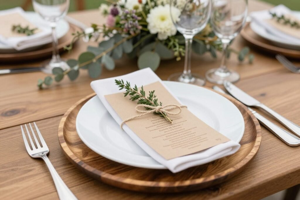 Rustic wedding table setting with wooden chargers and natural elements