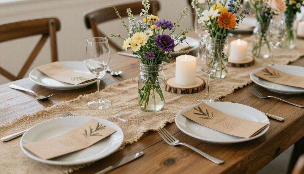 Rustic wedding table with burlap runner, mason jars with wildflowers, and wooden elements