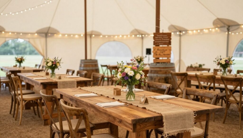 Rustic wedding tent with wooden tables, burlap runners, and mason jar centerpieces