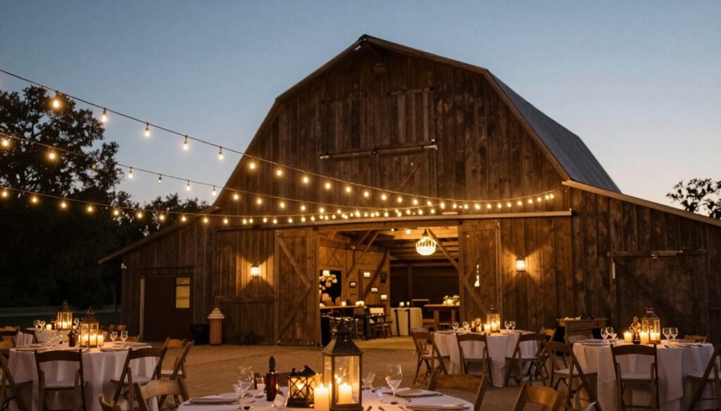 Rustic wedding venue with string lights and lanterns creating a warm glow