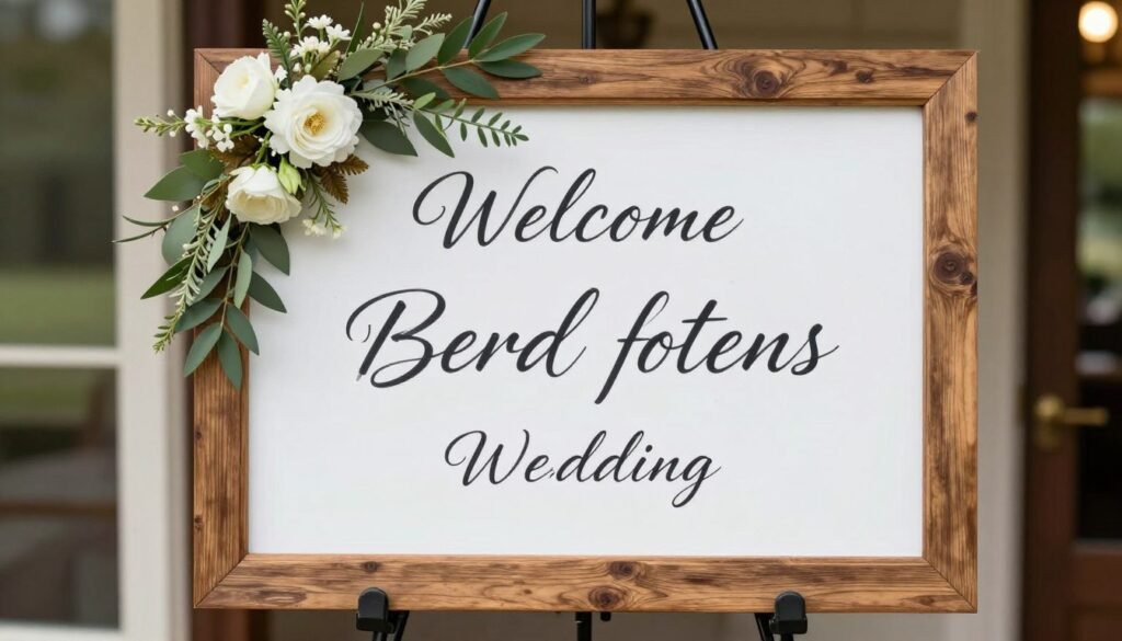 Rustic wedding welcome sign with floral accents and wooden frame