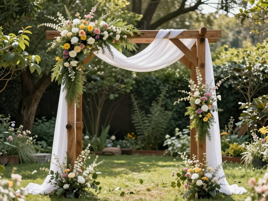 Rustic wooden arch decoration wedding with wildflowers and fabric draping