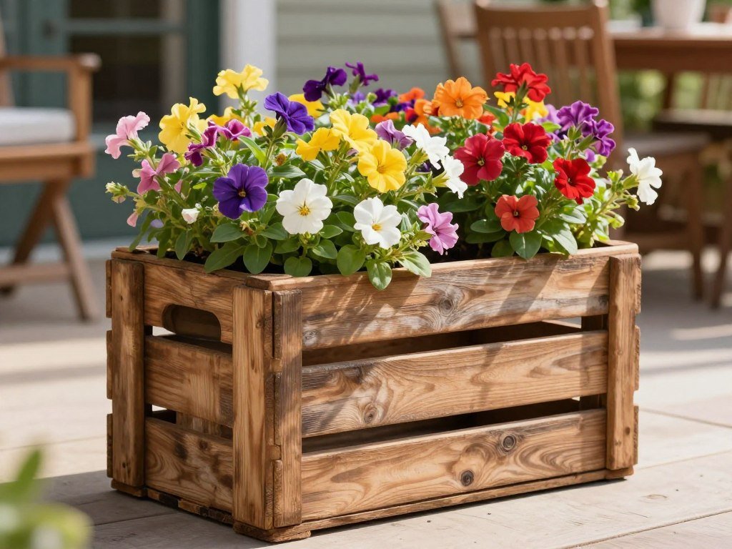 Rustic wooden crate planter with colorful flowers on a patio Rustic wooden crate planter with colorful flowers on a patio
