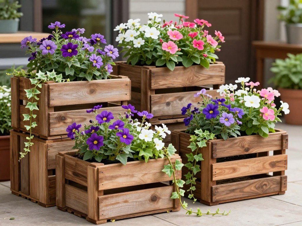 Rustic wooden crate planters filled with colorful flowers and trailing vines