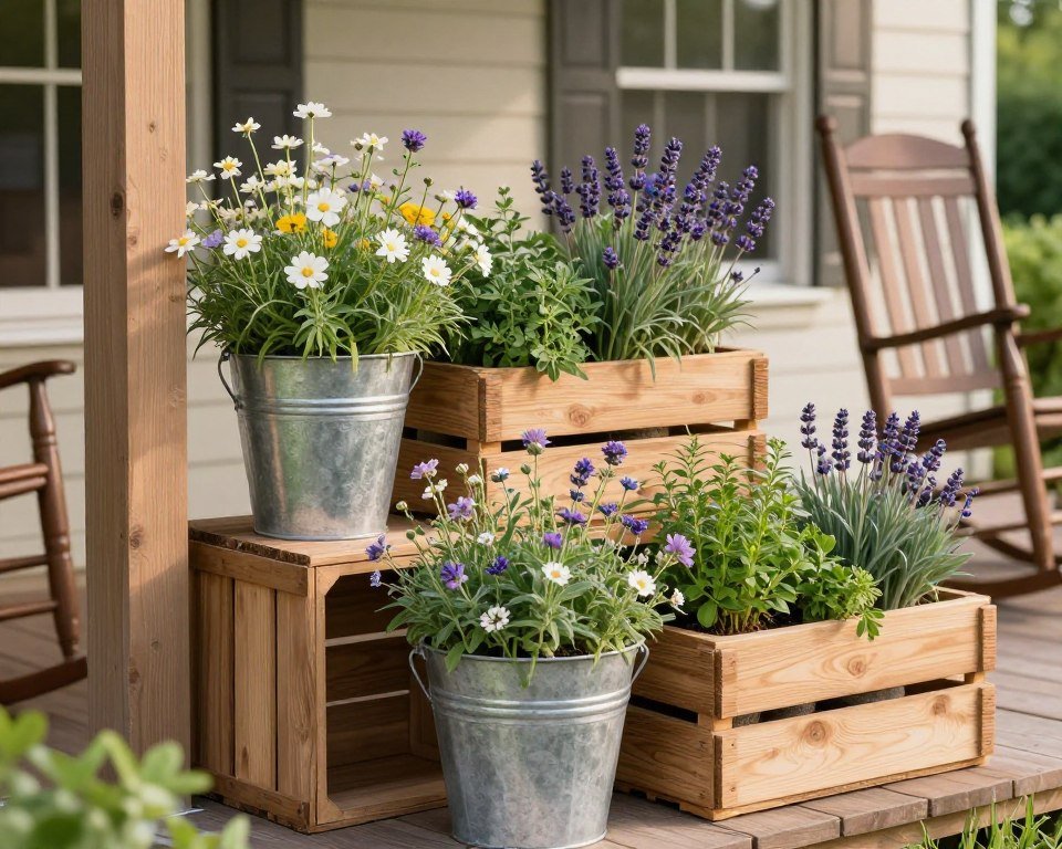 Rustic wooden crate planters with wildflowers and herbs on a farmhouse porch