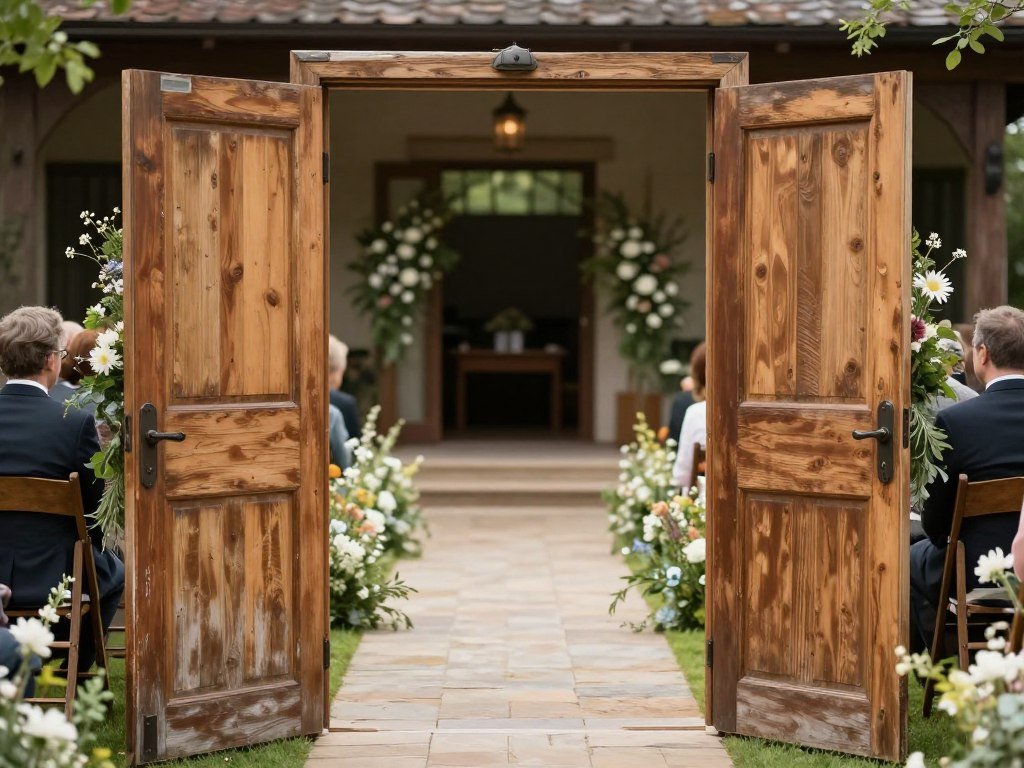 Rustic wooden doors decorated with flowers creating a wedding entrance Rustic wooden doors decorated with flowers creating a wedding entrance