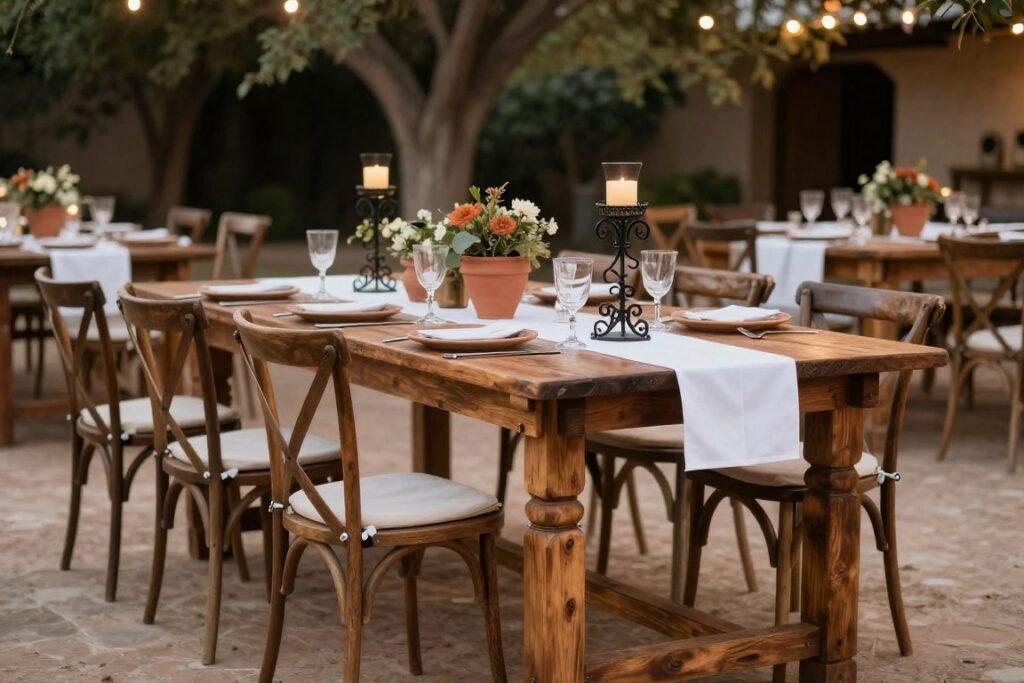 Rustic wooden farm table with cross-back chairs set for a hacienda wedding reception Rustic wooden farm table with cross-back chairs set for a hacienda wedding reception