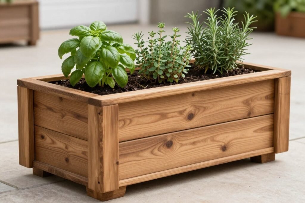 Rustic wooden planter box with herbs growing inside placed on a patio