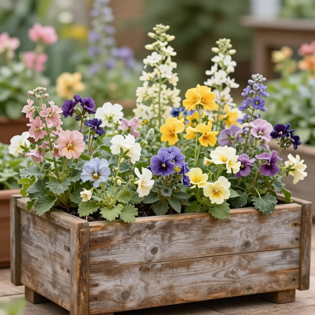 Rustic wooden planter boxes with cottage garden flowers Rustic wooden planter boxes with cottage garden flowers