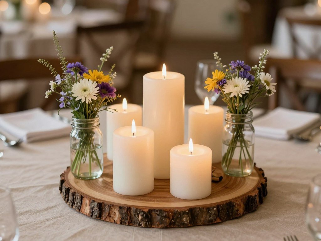 Rustic wooden slice centerpiece with candles and wildflowers for wedding table decoration