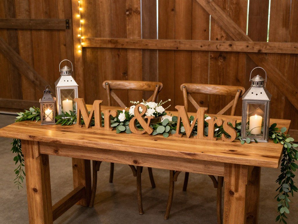 Rustic wooden sweetheart table with greenery garland, lanterns, and wooden Mr and Mrs signs Rustic wooden sweetheart table with greenery garland, lanterns, and wooden Mr and Mrs signs