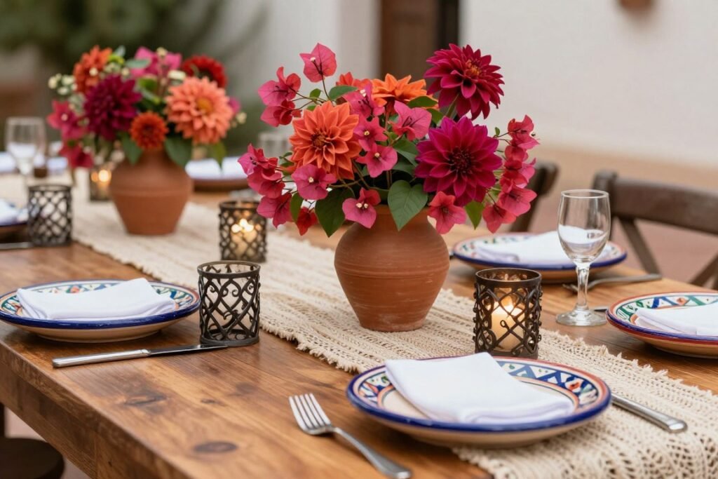 Rustic wooden tables with colorful hacienda wedding decor elements including terracotta vases and vibrant flowers Rustic wooden tables with colorful hacienda wedding decor elements including terracotta vases and vibrant flowers