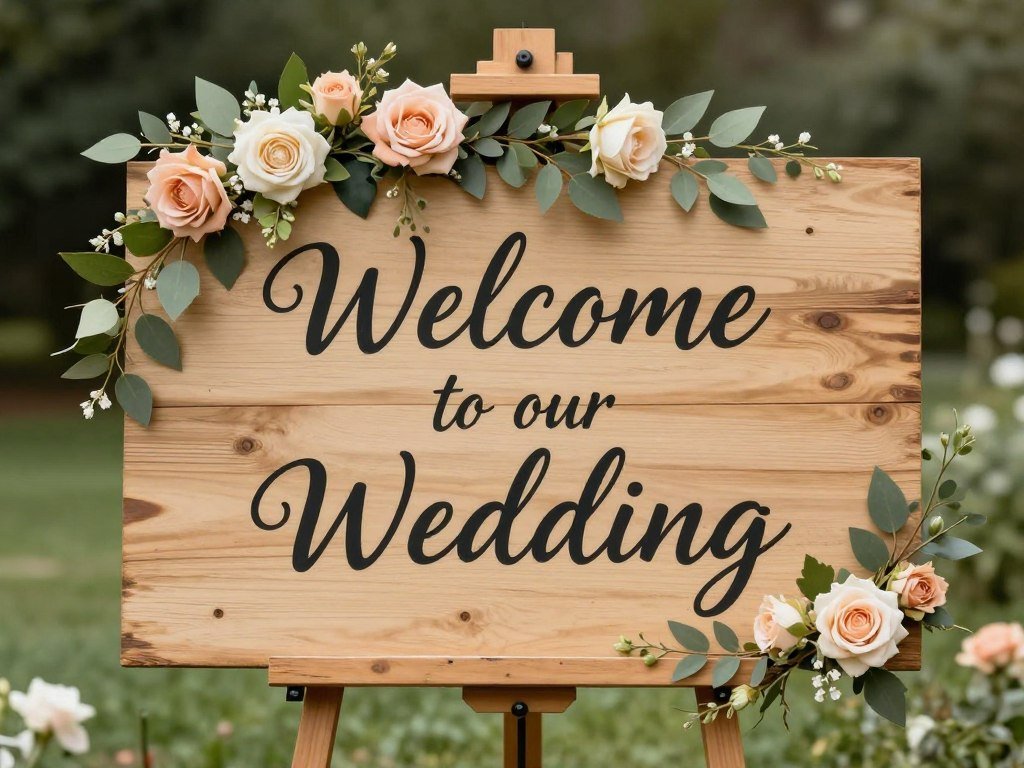 Rustic wooden wedding welcome sign with flowers