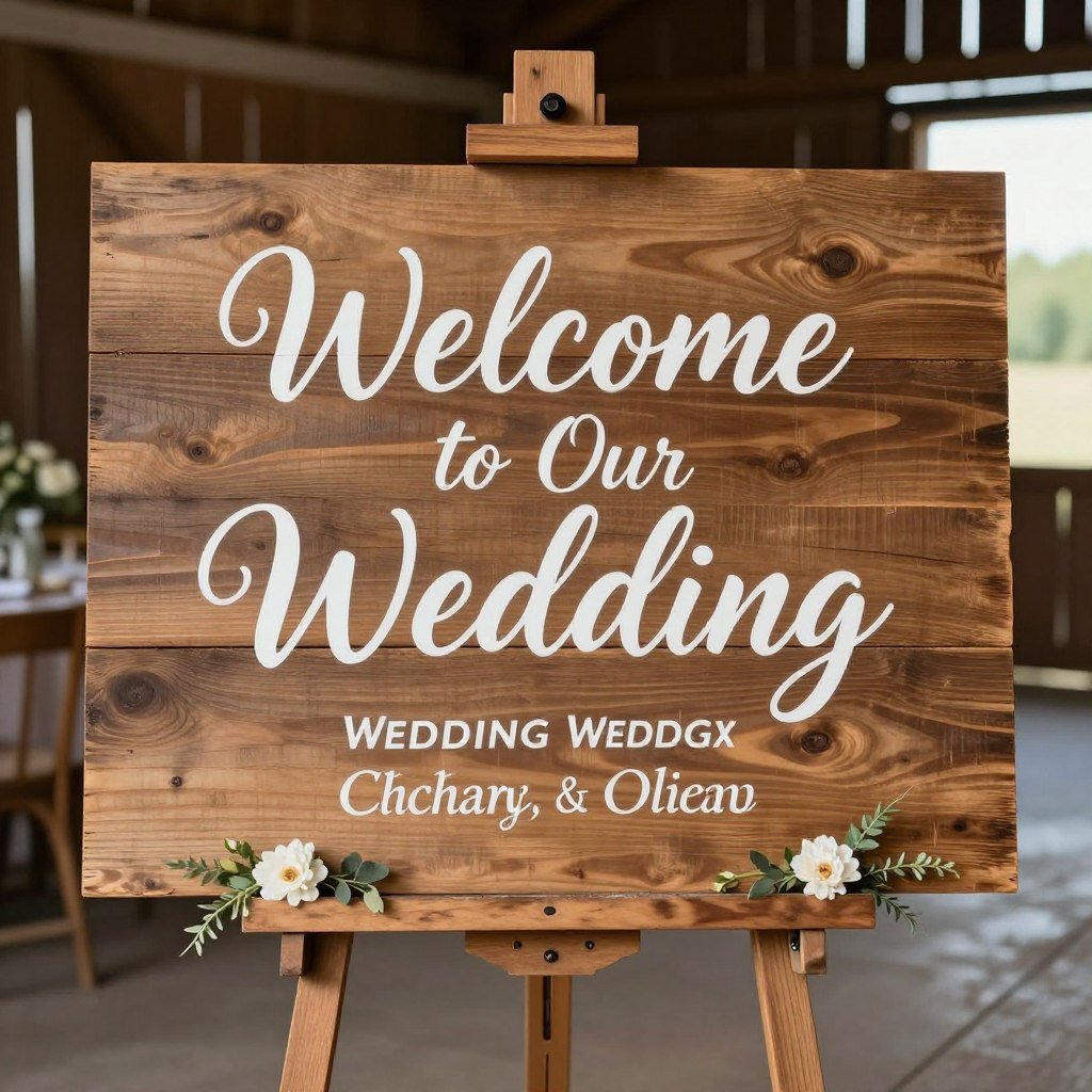 Rustic wooden welcome sign with calligraphy for barn wedding Rustic wooden welcome sign with calligraphy for barn wedding
