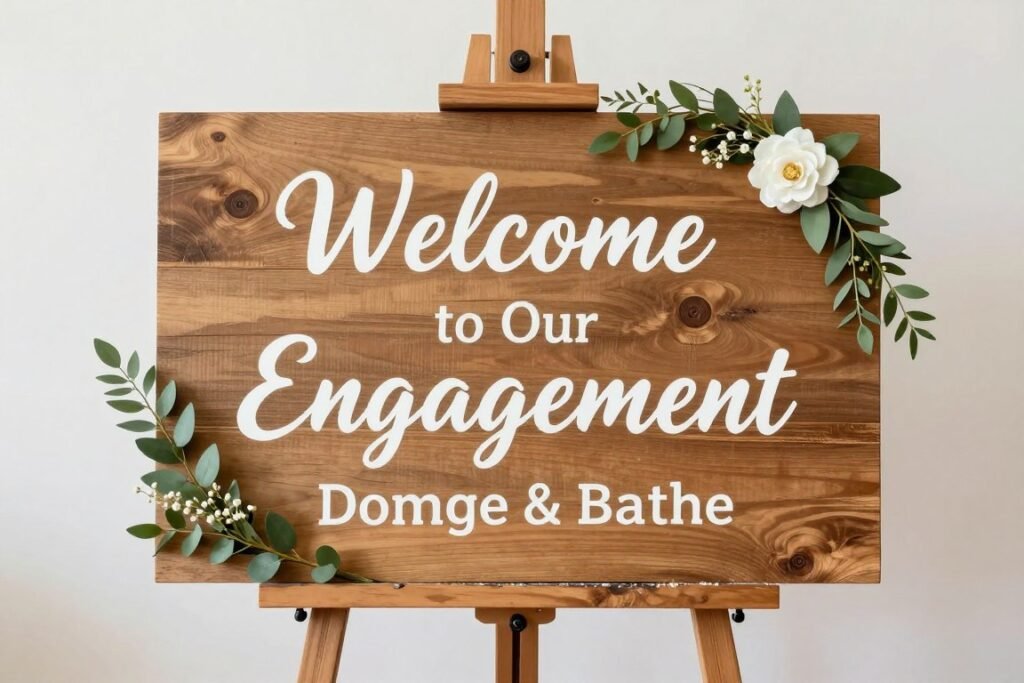 Rustic wooden welcome sign with floral accents for engagement party