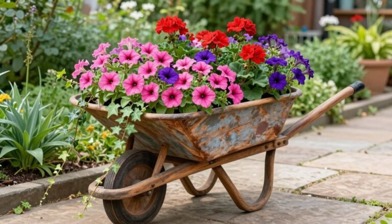 Rustic wooden wheelbarrow overflowing with colorful summer flowers including petunias, geraniums and trailing ivy against a garden backdrop
