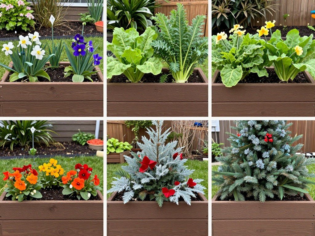 Same planter box shown in different seasons with changing plant displays Same planter box shown in different seasons with changing plant displays