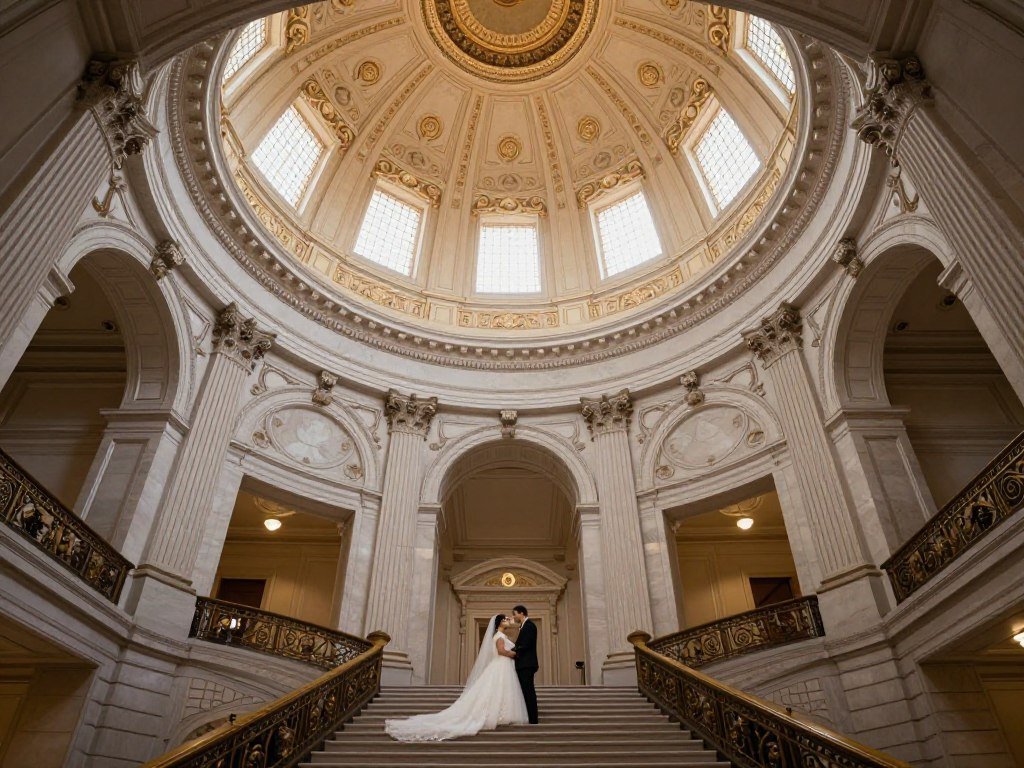 San Francisco city hall wedding photos under ornate rotunda dome