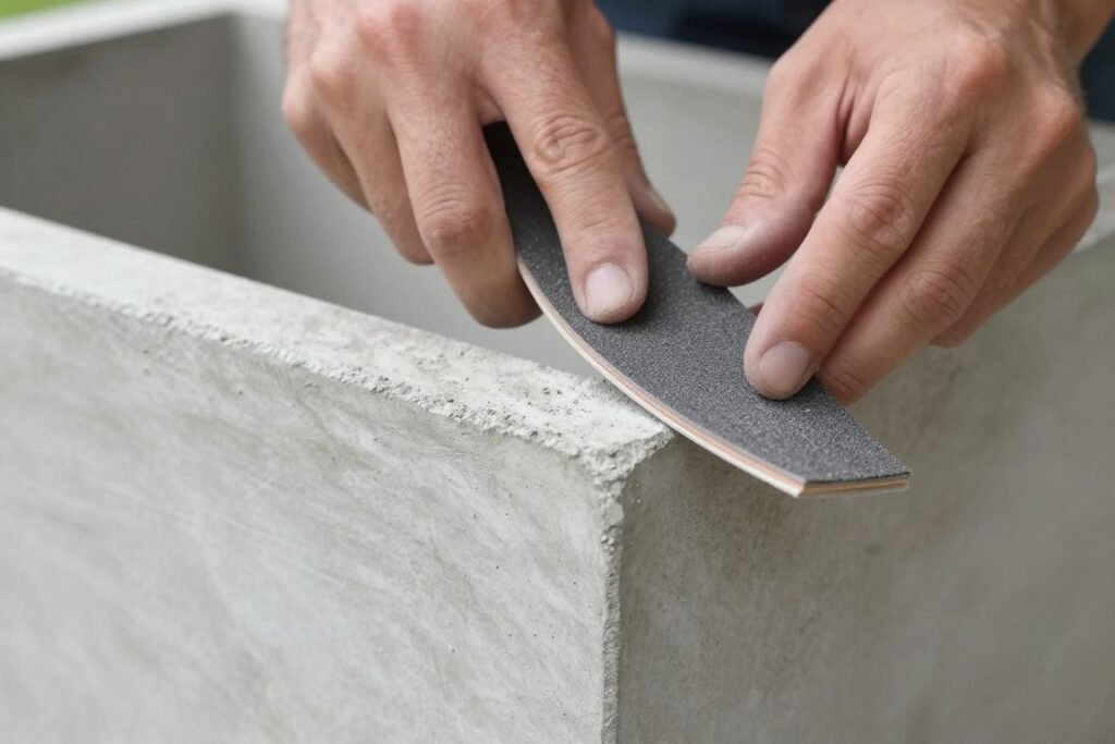 Sanding the edges of a DIY concrete planter for a smooth finish