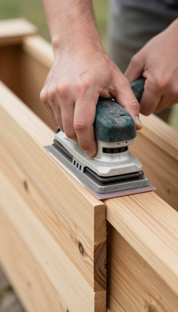 Sanding the exterior of the planter box to prepare for finishing
