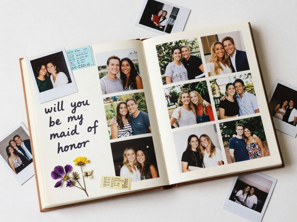 Scrapbook style maid of honor proposal with friendship photos Scrapbook style maid of honor proposal with friendship photos
