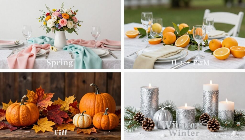Seasonal DIY wedding decorations showcasing elements specific to spring, summer, fall, and winter