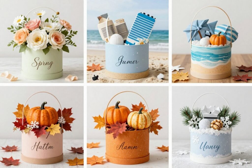 Seasonal bridesmaid proposal gift boxes decorated for different holidays and seasons