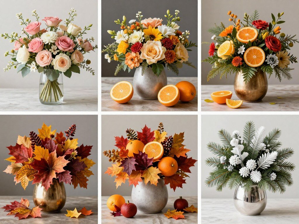 Seasonal cocktail table decor showing arrangements for spring, summer, fall and winter