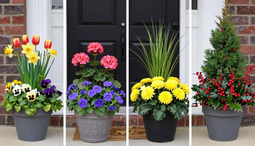 Seasonal front door planter arrangements showing spring, summer, fall, and winter displays side by side Seasonal front door planter arrangements showing spring, summer, fall, and winter displays side by side