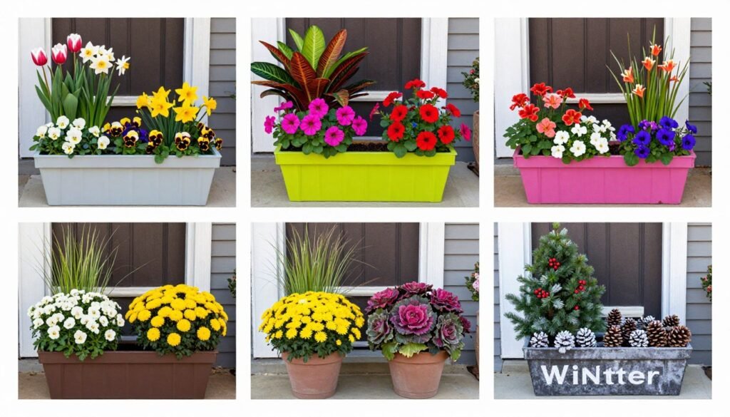 Seasonal front porch planter arrangements showing spring, summer, fall, and winter displays