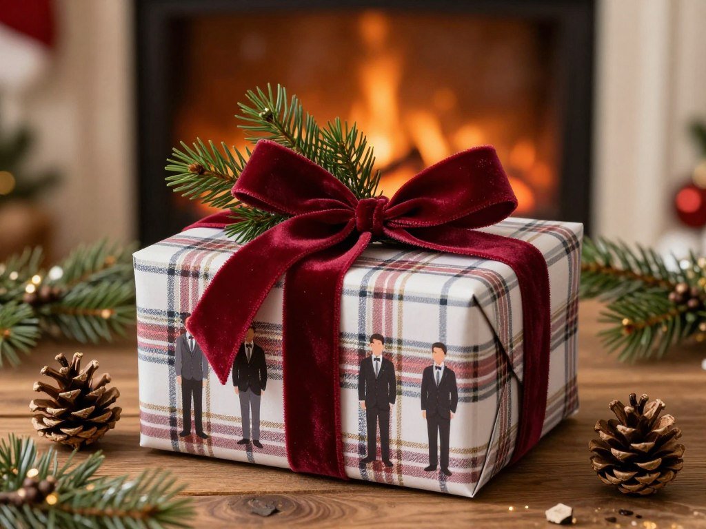 Seasonal groomsmen proposal box with winter holiday themed wrapping