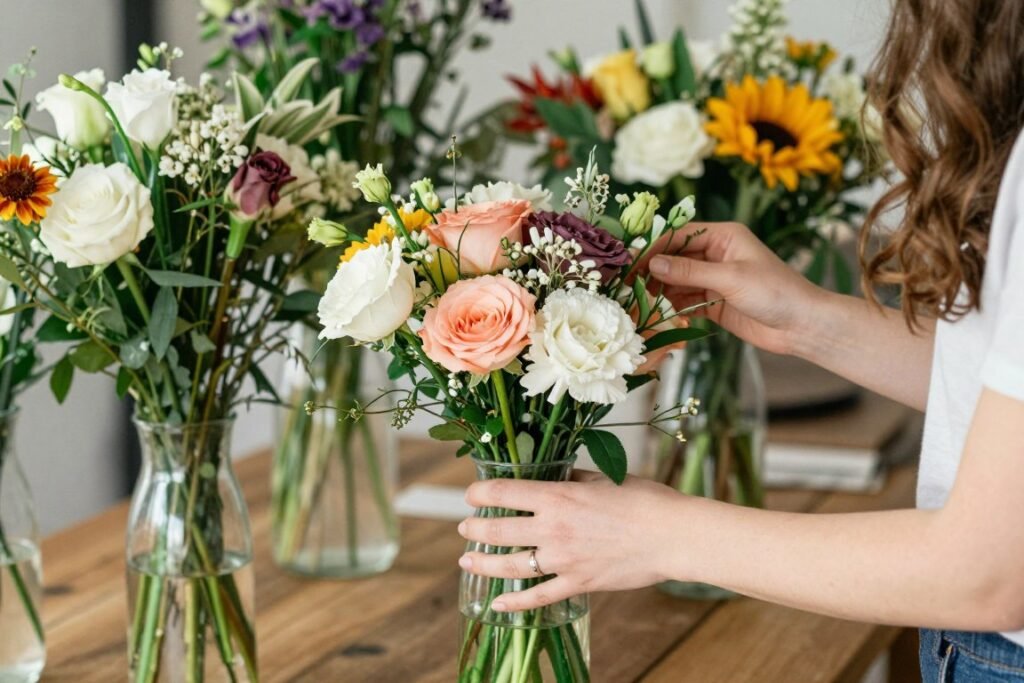 Seasonal local flowers in budget wedding arrangement